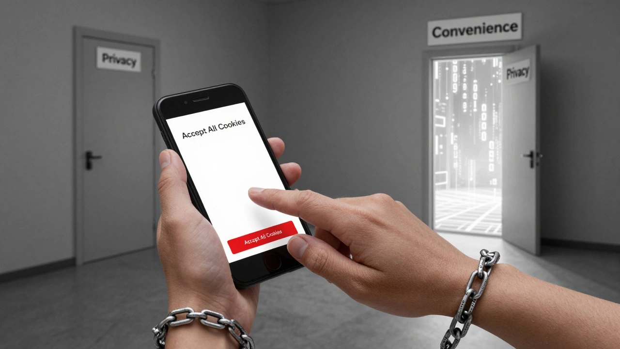 Hand hovering over &#039;Accept All Cookies&#039; button while binary chains bind the body.