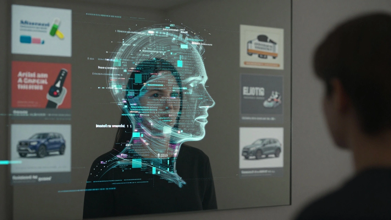 Person&#039;s digital reflection showing private data points like medical visits and search history.